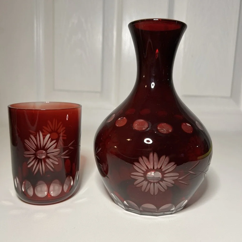 Antique Bohemian Red Czech Cut Glass Carafe Set Pitcher Cup Etched‎ Floral